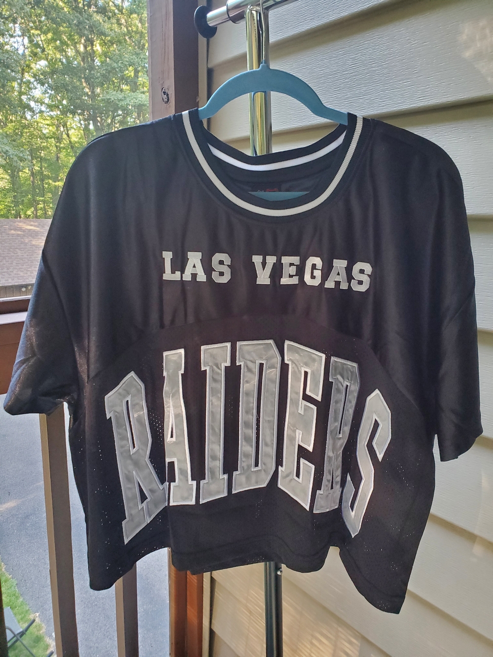 NFL Las Vegas Raiders Black Mesh Crop Top with Silver & White Lettering. NWT